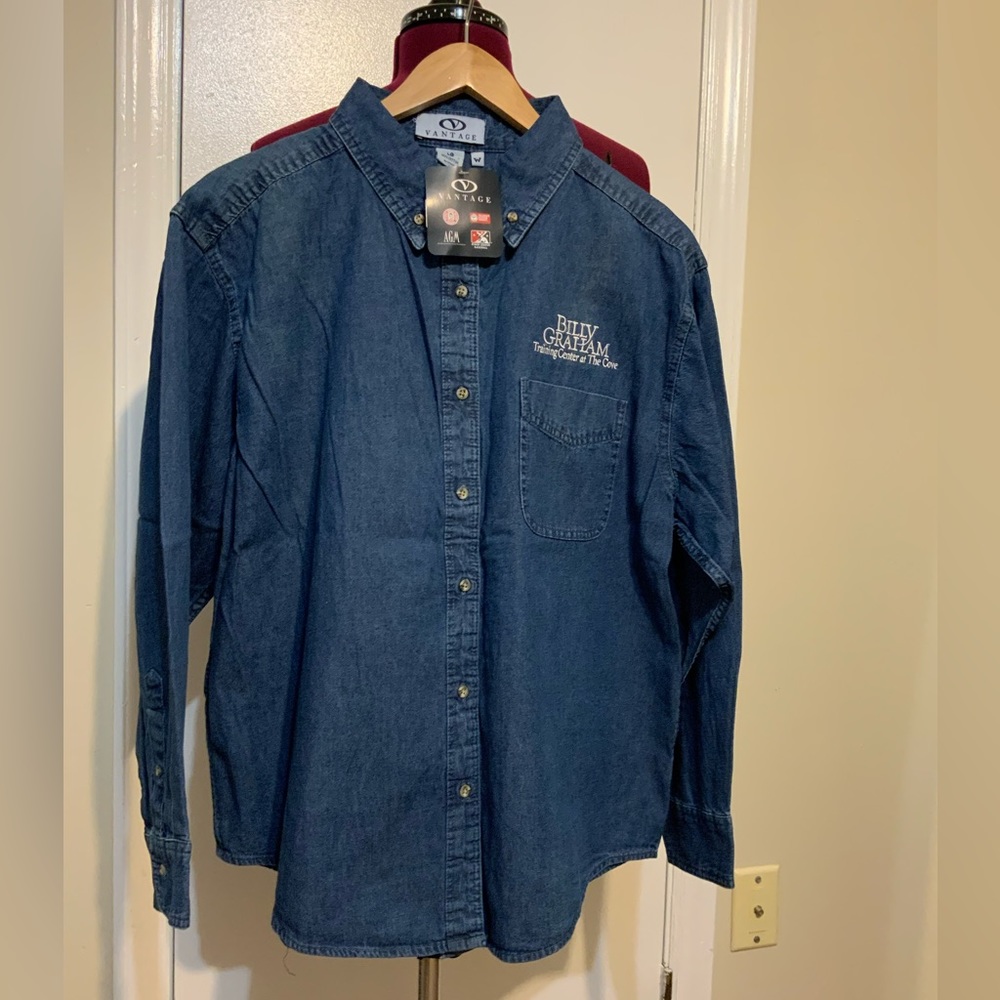 NWT VTG Billy Graham Embroidery Denim long Sleeves Button Down Shirt